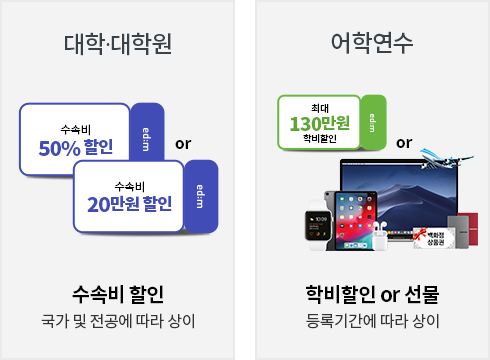 대학,대학원 = 수속비 50% 할인 or 수속비 20만원 할인 수속비 할인 국가 및 전공에 따라 상이, 어학연수 = 최대 130만원 학비할인 or 선물 등록기간에 따라 상이
